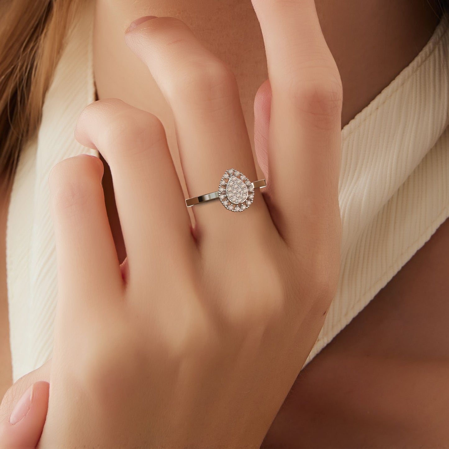 0.19 Cttw Natural Diamond Pear Shaped Cluster Engagement Ring for Women | 925 Sterling Silver