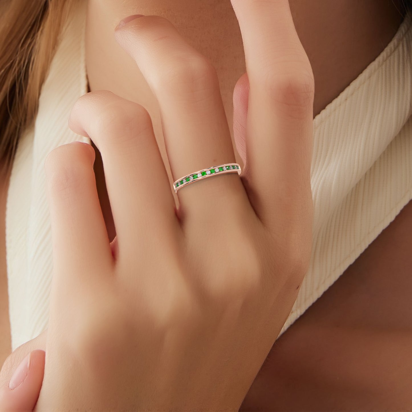 0.10 Cttw Natural Green Emerald Color Stone Half Eternity Band Ring | 925 Sterling Silver