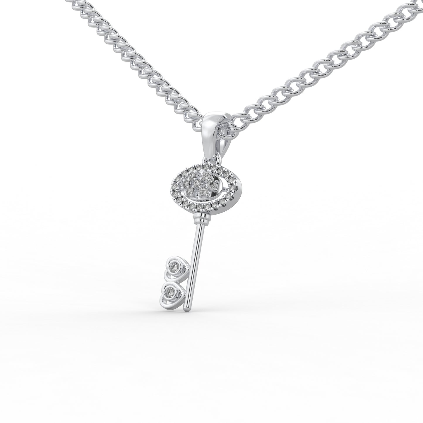 0.17 Cttw Natural Diamond Heart Key Pendant Necklace in 925 Sterling Silver