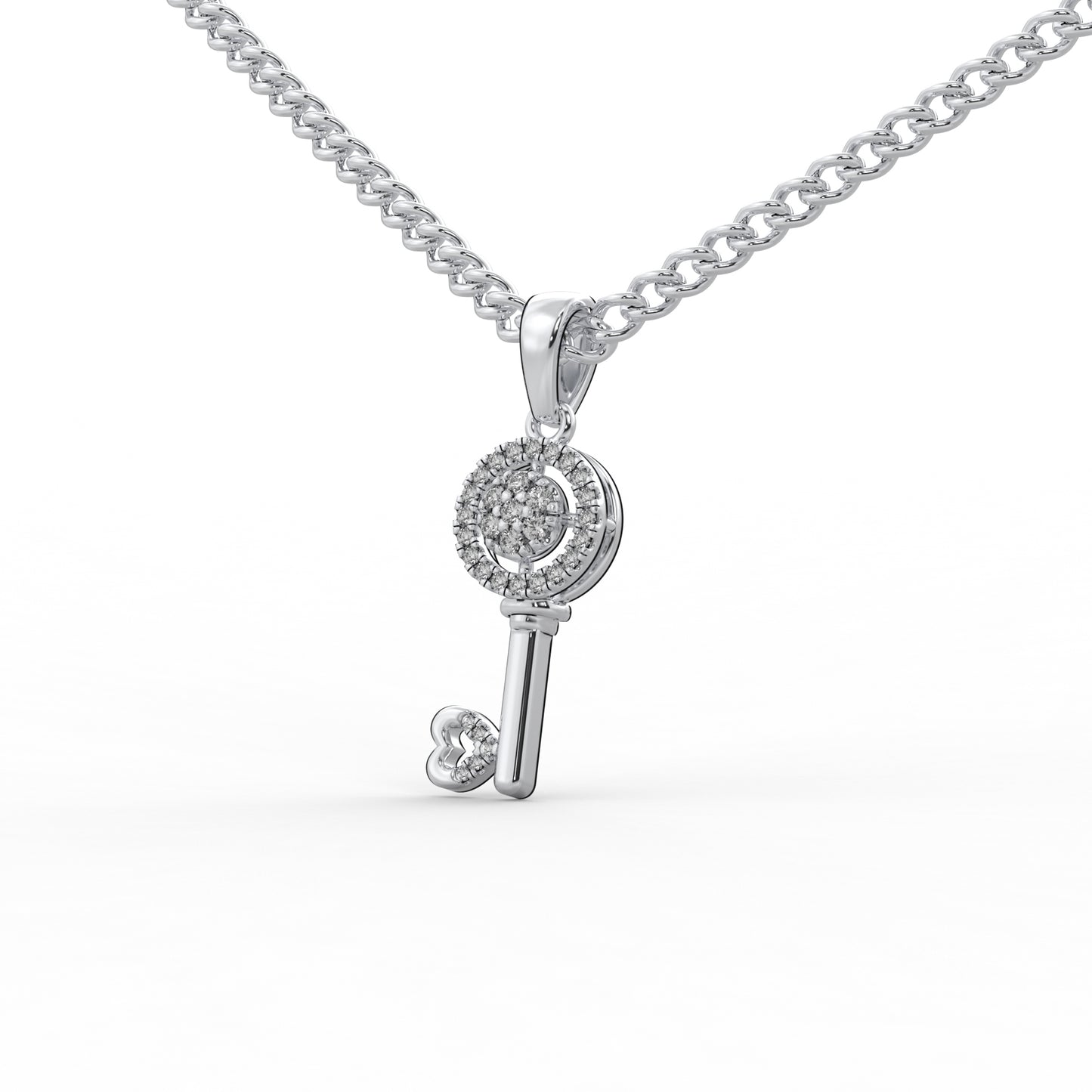 0.19 Cttw Natural Diamond Heart Key Pendant Necklace in 925 Sterling Silver