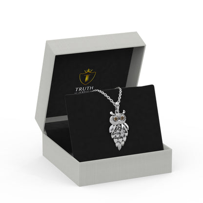 0.17 Cttw Natural Diamond Vintage Owl Pendant Necklace for Women | 925 Sterling Silver